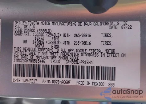 2022 Toyota Tacoma Trd Off Road from USA, damaged, VIN 3TMCZ5AN7NM515446